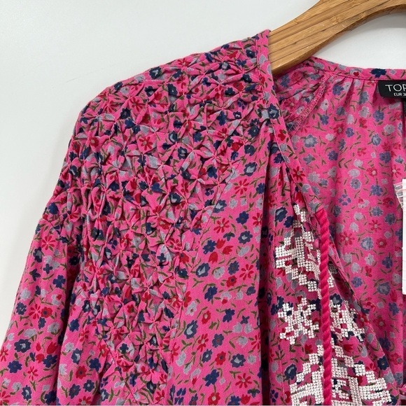 Topshop Ditsy Floral Print Embroidered Kaftan Tassel Tunic Dress in Pink US 6 - Picture 11 of 14